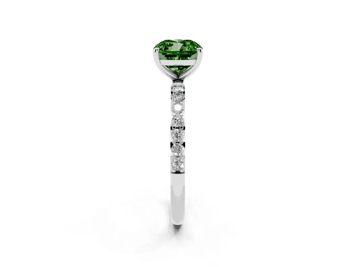 Fancy Green Cushion Cut Diamond Solitaire Ring with Round Pavé Shoulders and Prong Setting Silver