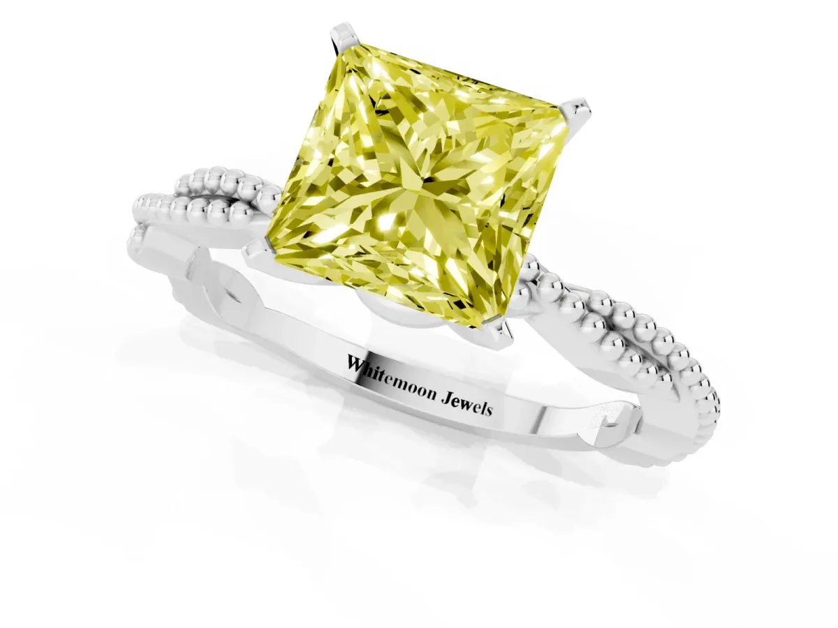 Fancy Yellow Princess Cut Solitaire Twisted Band with Bead Prong Setting Platinum