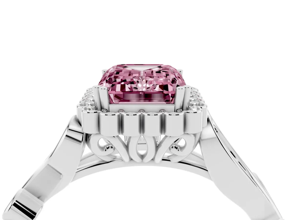 Fancy Pink Emerald Cut Diamond Halo Ring with Vintage Split Shank and Four-Prong Setting Silver