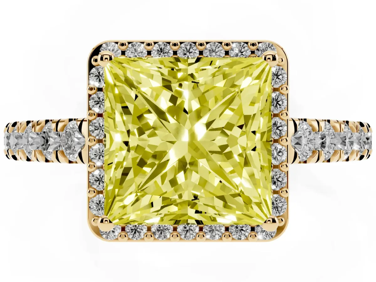 Fancy Yellow Princess Cut Cut Halo Diamond Engagement Ring with Pave Band and Four-Prong Setting Yellow gold