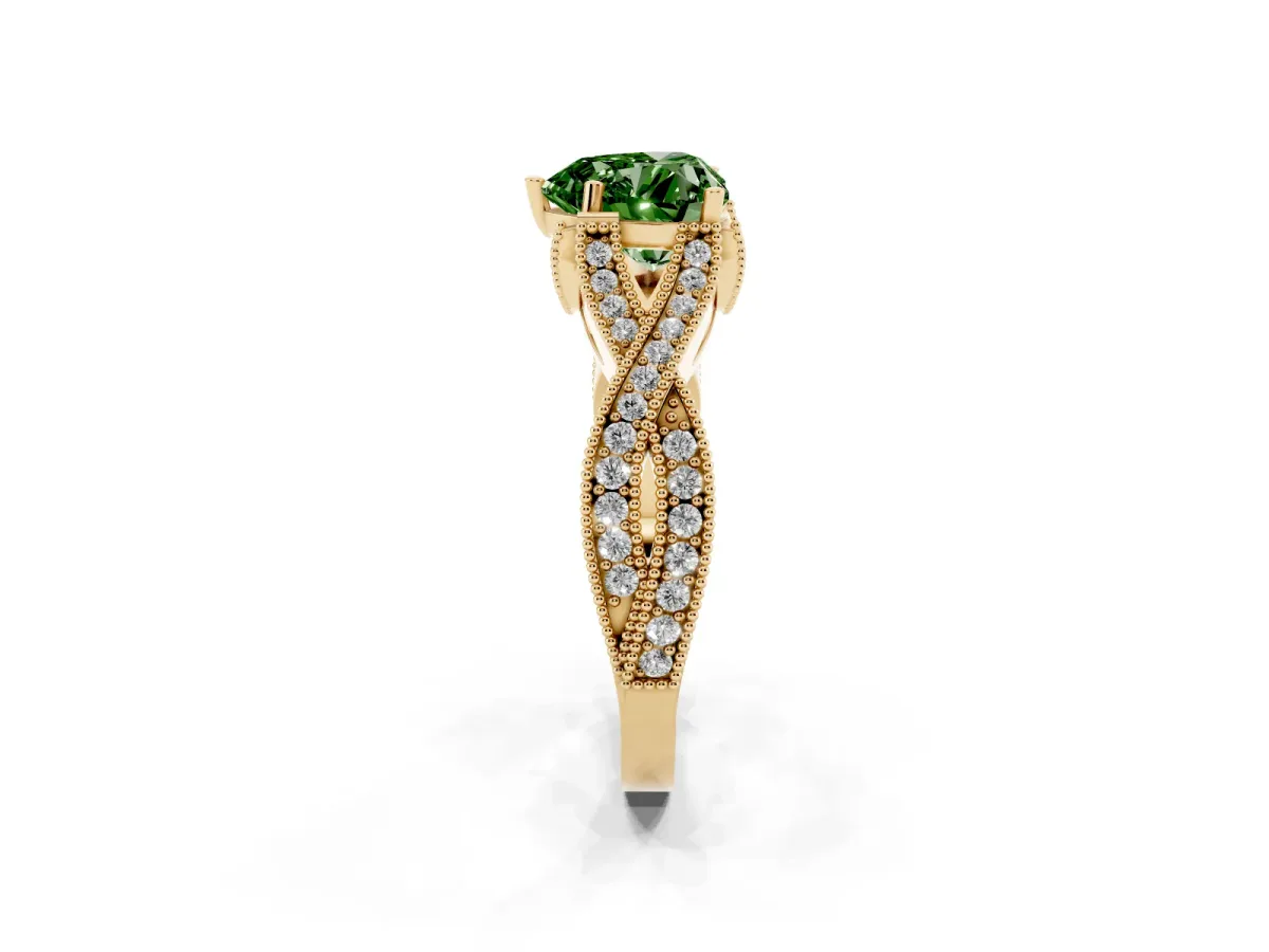 Fancy Green Heart Cut Cut Diamond Twisted Band with Milgrain Pave Setting and Four-Prong Setting Yellow gold