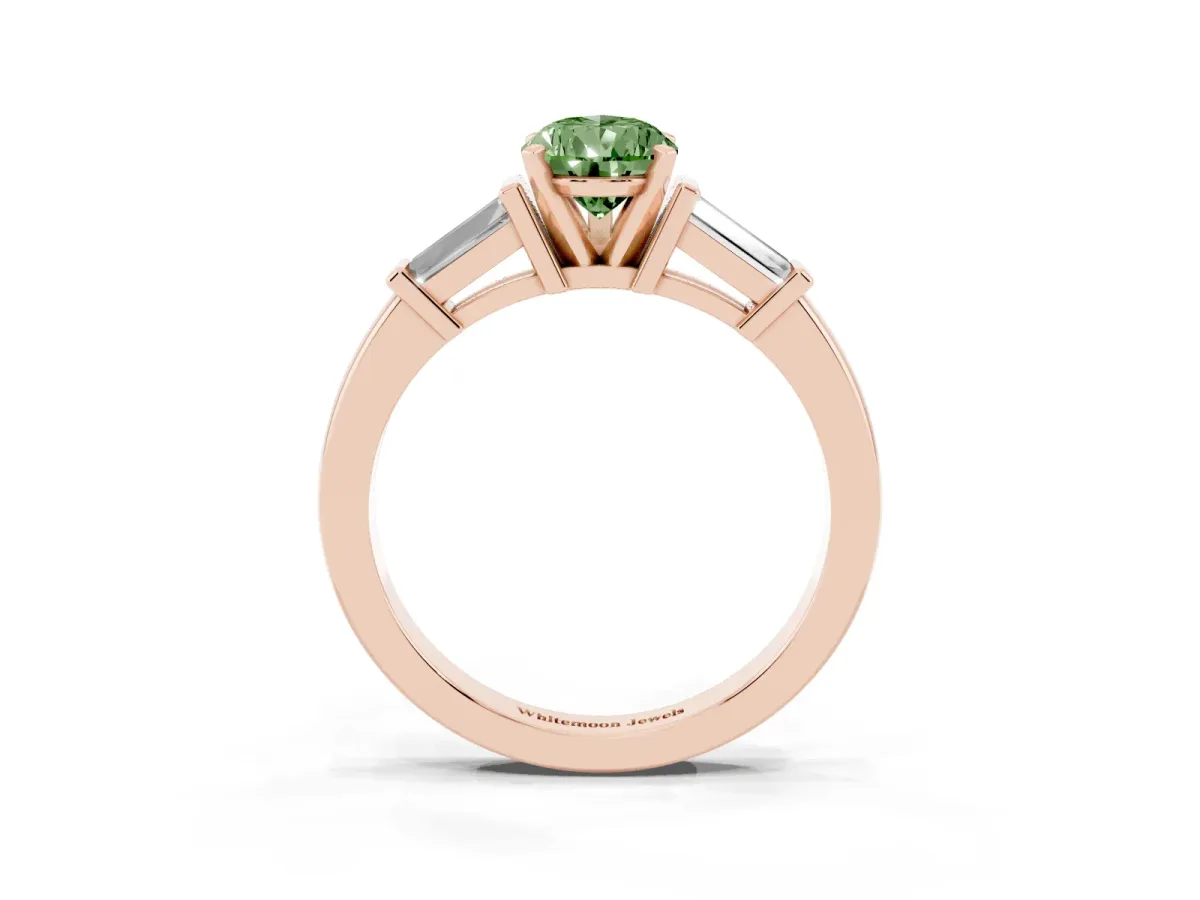 Fancy Green Pear Cut Cut Diamond Solitaire Ring with Tapered Baguette Accents and Four-Prong Setting Rose gold