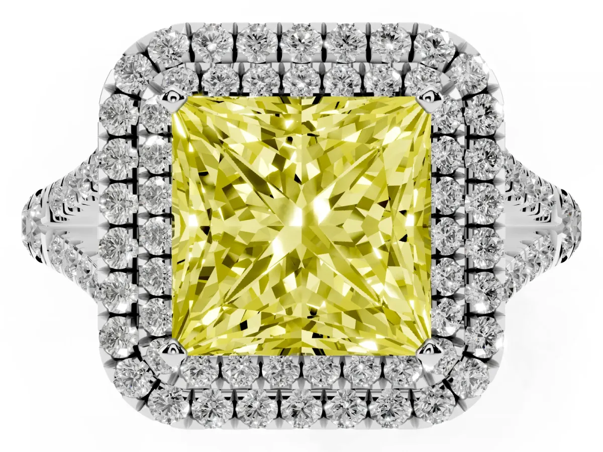 Fancy Yellow Princess Cut Diamond Double Halo Ring with Split Shank and Prong Setting Platinum