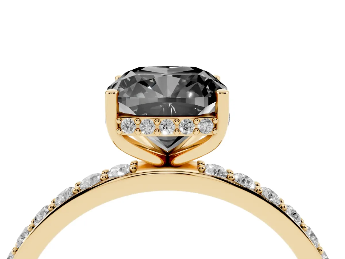Fancy Black Cushion Cut Diamond Solitaire Ring with Pavé Band and Hidden Halo Yellow gold