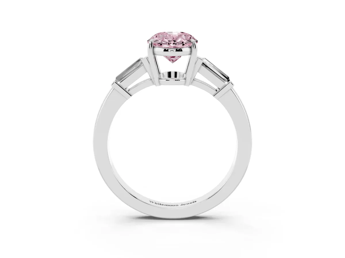 Fancy Pink Oval Cut Diamond Three-Stone Ring with Tapered Baguette Side Stones and Prong Setting Platinum