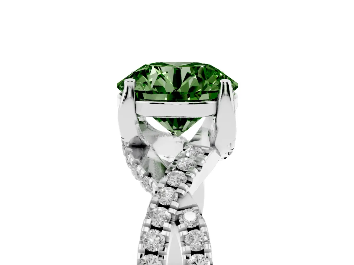Fancy Green Round Cut Solitaire Twist Pave Diamond Engagement Ring with Prong Setting Silver