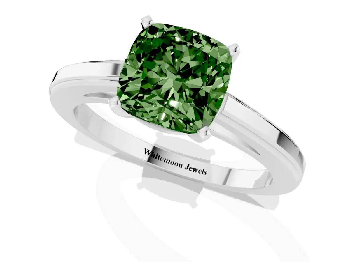 Fancy Green Cushion Cut Solitaire Diamond Ring with Four-Prong Setting and Classic Band Silver