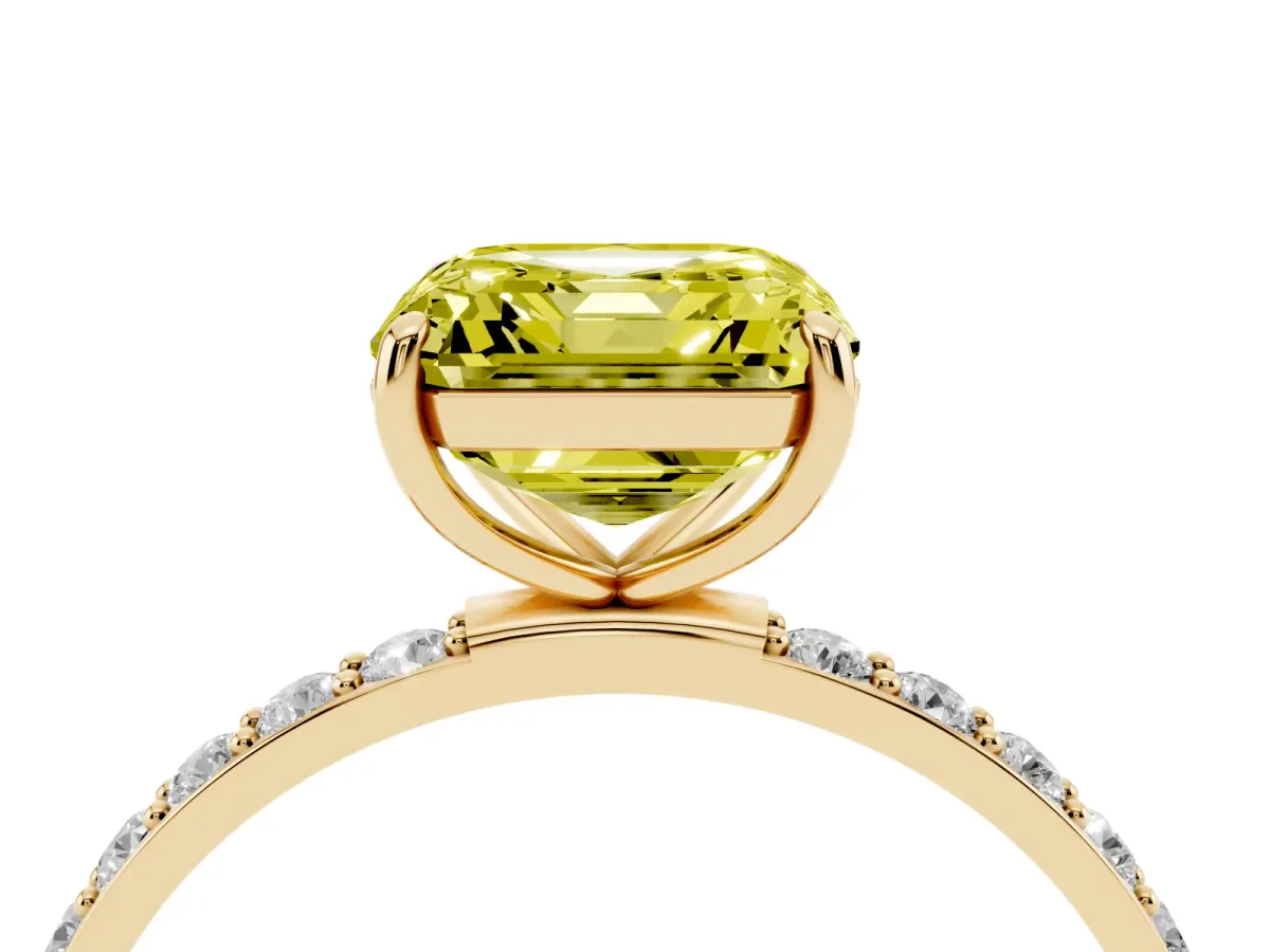 Fancy Yellow Asscher Cut Diamond Solitaire Ring with Round Pavé Shoulders and Prong Setting Yellow gold