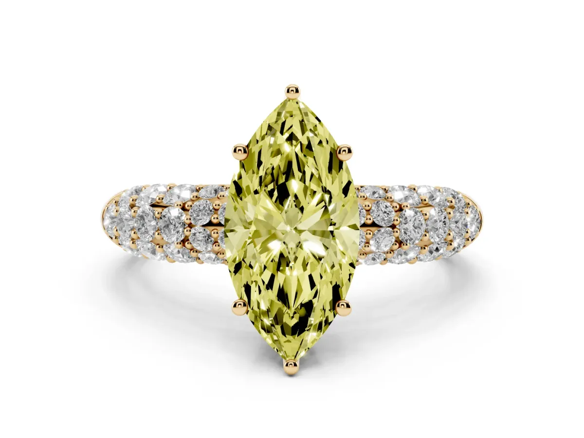 Fancy Yellow Marquise Cut Diamond Pavé Band Solitaire Ring with Four-Prong Setting Yellow gold