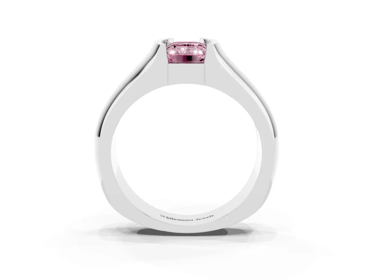 Fancy Pink Emerald Cut Solitaire Bezel Set Diamond Ring with Wide Band Platinum