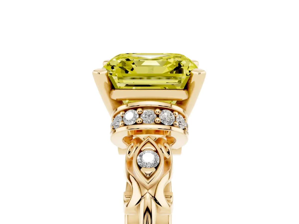 Fancy Yellow Asscher Cut Diamond Solitaire Ring with Filigree Band and Four-Prong Setting Yellow gold