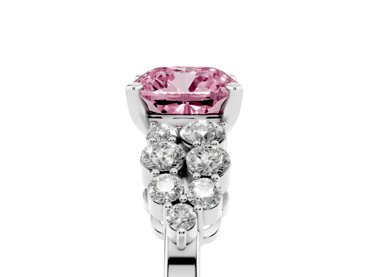 Fancy Pink Cushion Cut Cluster Diamond Engagement Ring with Pavé Band and Four-Prong Setting Platinum
