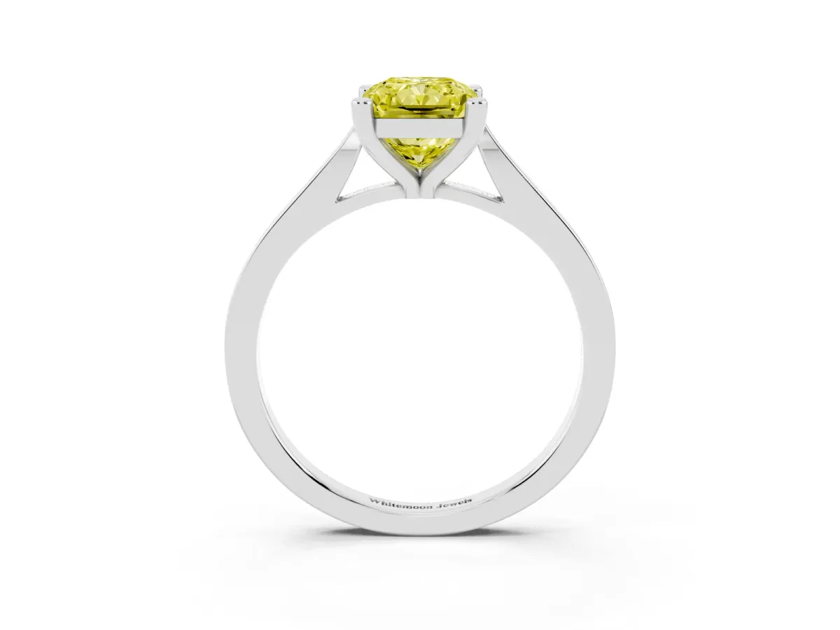 Fancy Yellow Radiant Cut Solitaire Diamond Ring with Four-Prong Setting and Tapered Band Silver