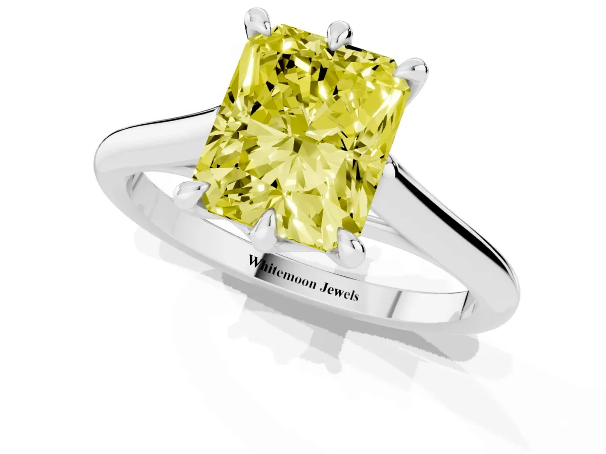 Fancy Yellow Radiant Cut Solitaire Engagement Ring with Six-Prong Setting and Classic Band Platinum