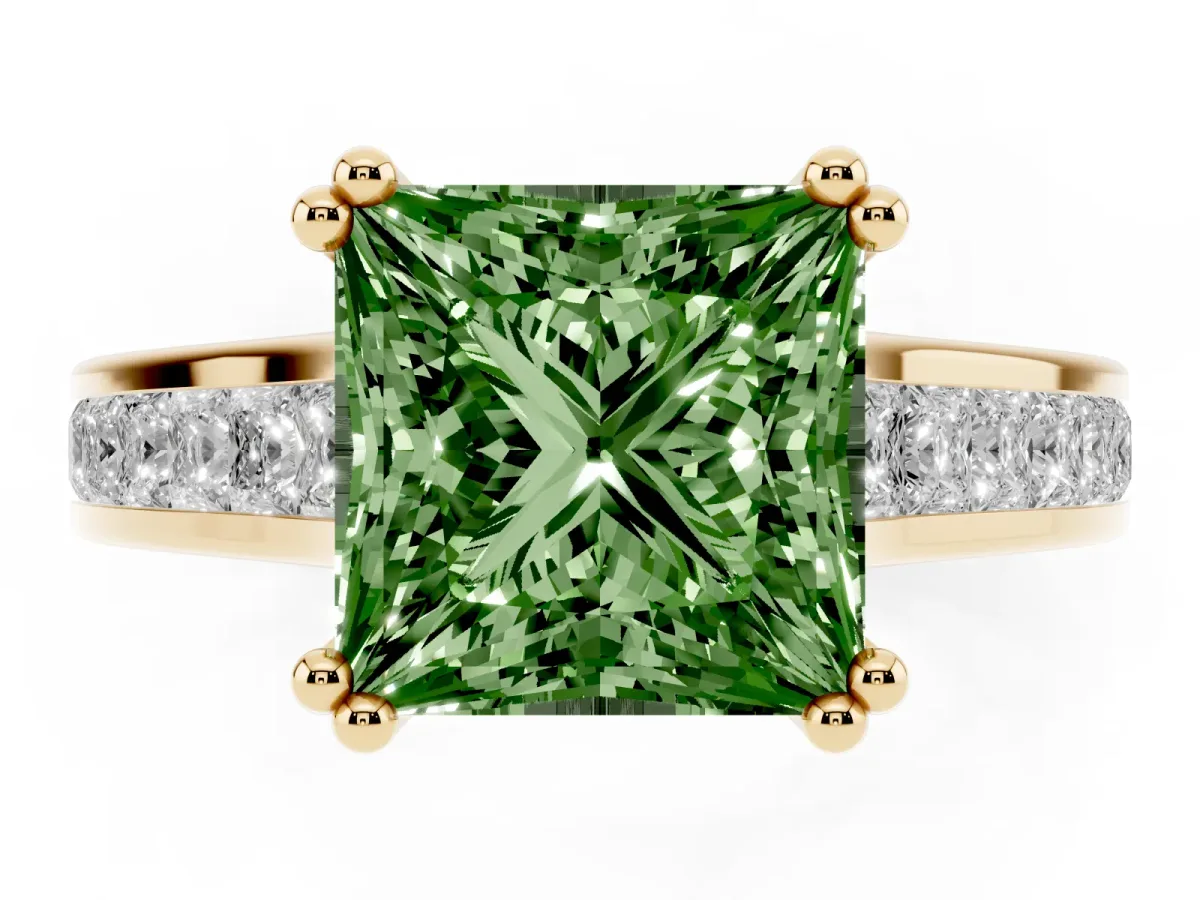 Fancy Green Princess Cut Cut Channel Set Solitaire Engagement Ring with Prong Setting Yellow gold