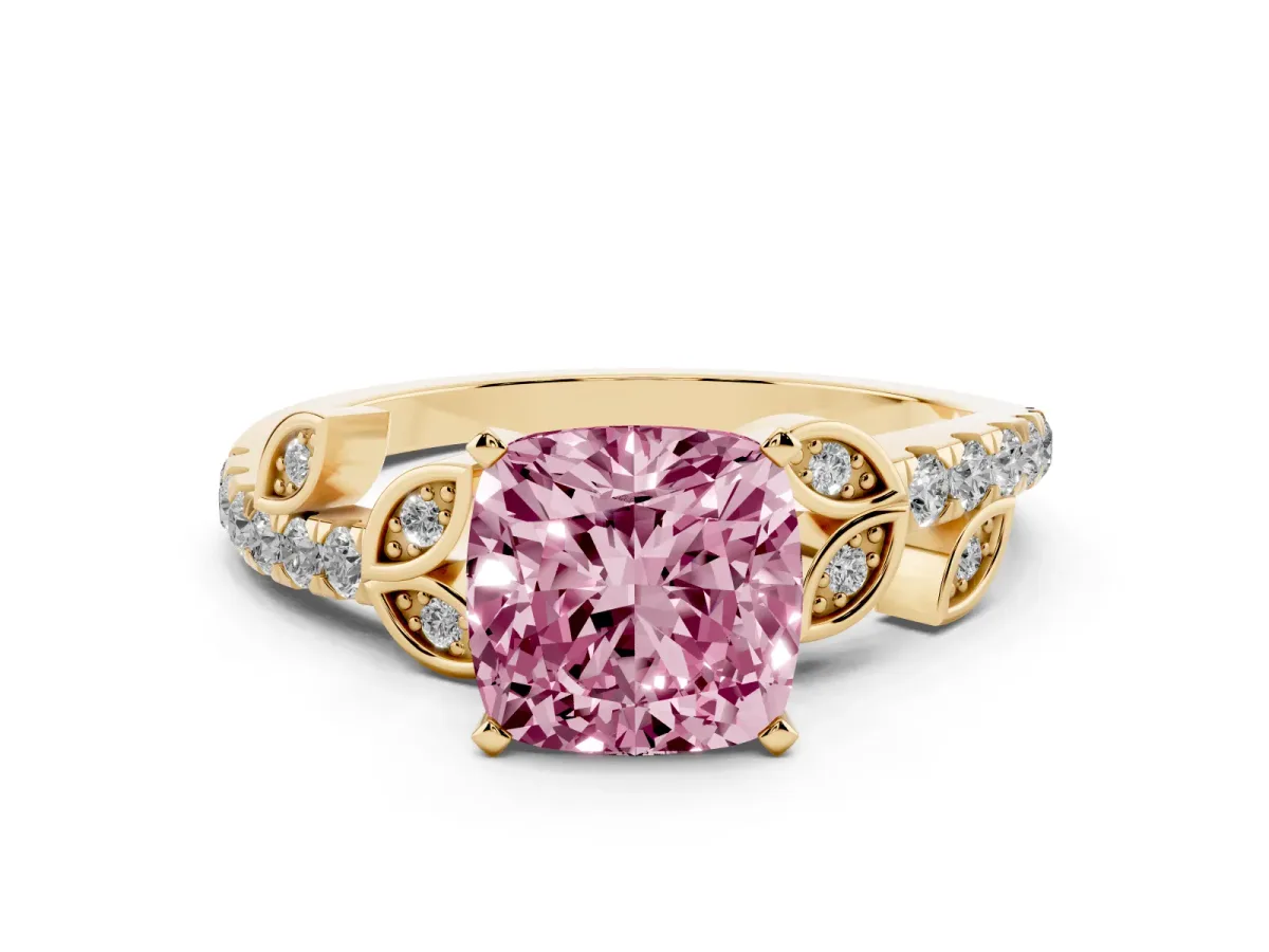 Fancy Pink Cushion Cut Solitaire Leaf-Inspired Diamond Ring with Pavé Band and Four-Prong Setting Yellow gold
