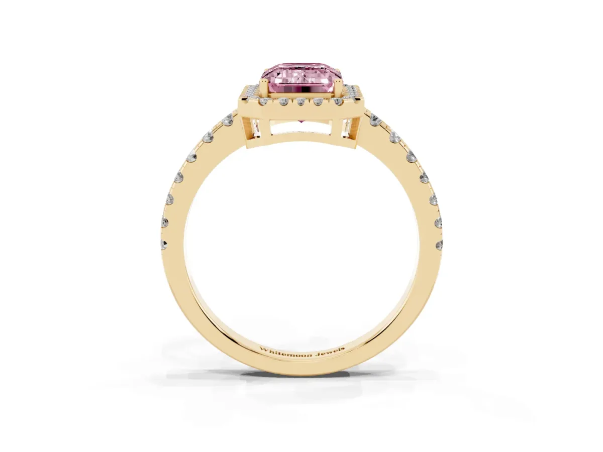 Fancy Pink Emerald Cut Diamond Halo Ring with Pavé Band and Four-Prong Setting Yellow gold