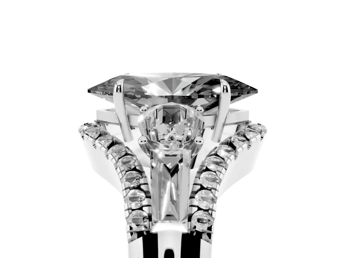 Fancy Black Three-Stone Marquise Cut Diamond Engagement Ring with Pave Band and Prong Setting Silver