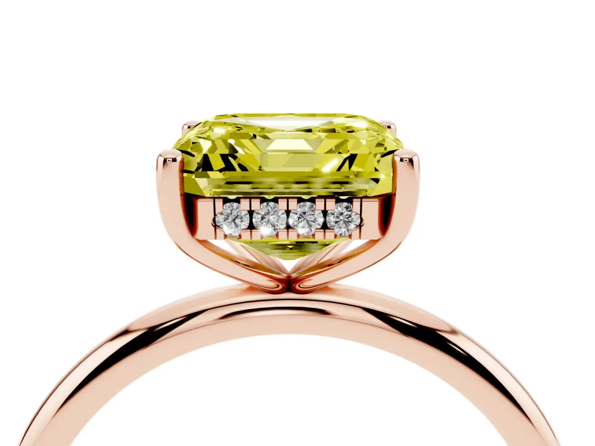 Fancy Yellow Asscher Cut Cut Solitaire Engagement Ring with Four-Prong Setting and Classic Band Rose gold