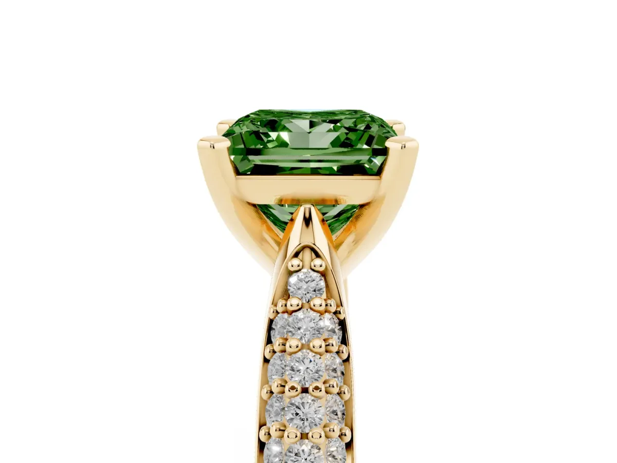 Fancy Green Princess Cut Diamond Solitaire Engagement Ring with Multi-Row Round Pavé Band and Prong Setting Yellow gold