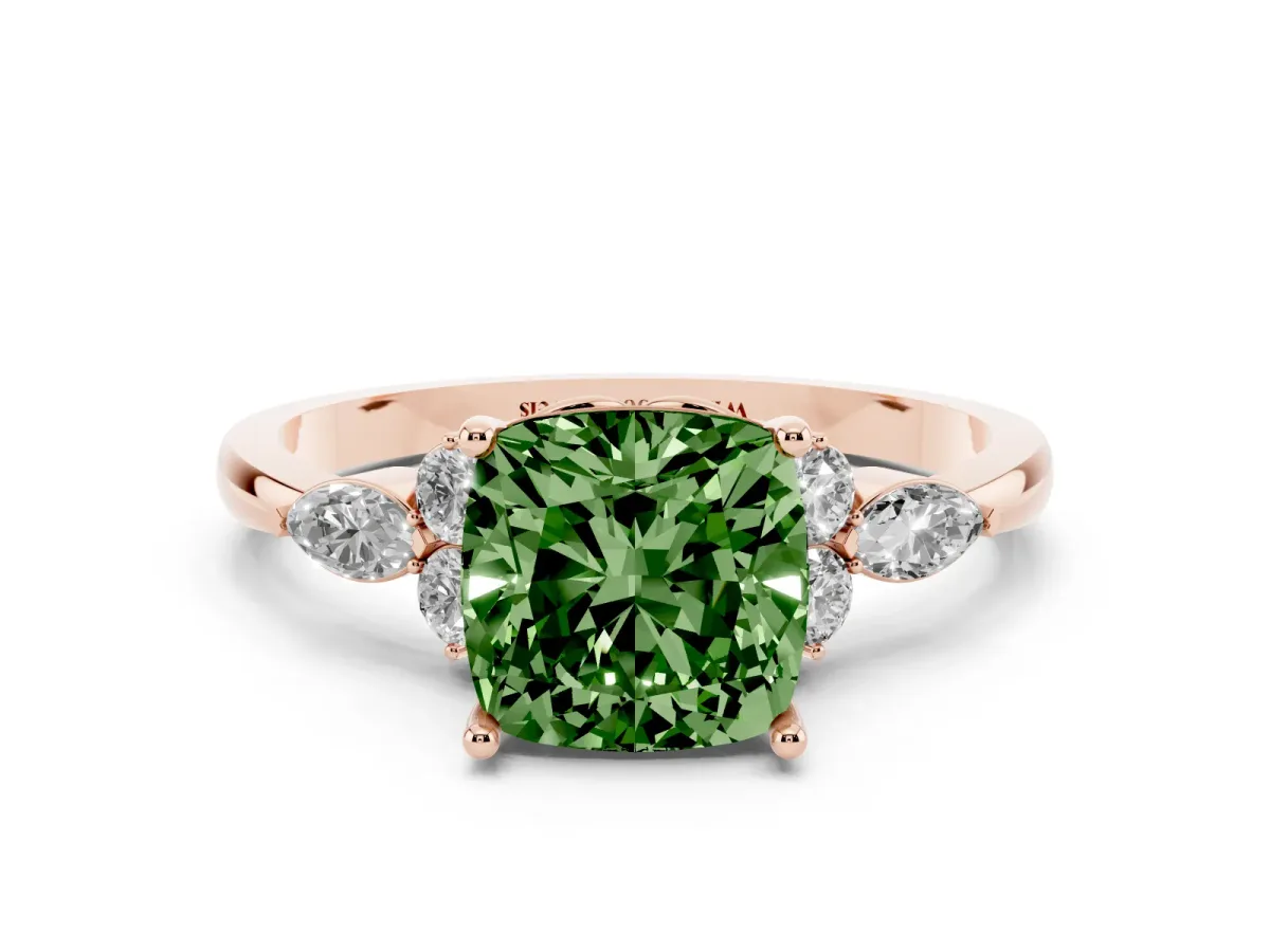 Fancy Green Cushion Cut Brilliant Diamond Solitaire Ring with Pear Side Stones and Four-Prong Setting Rose gold