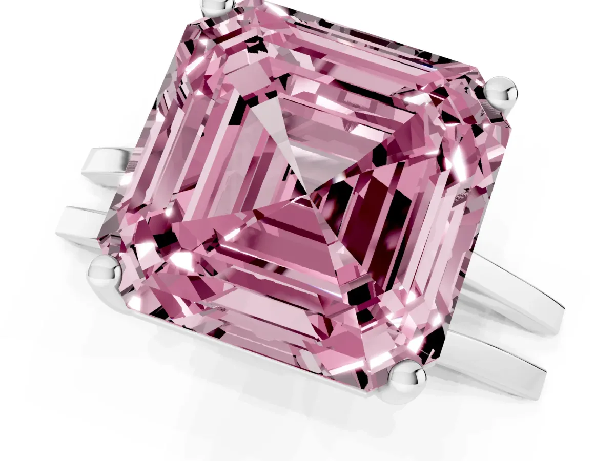 Fancy Pink Asscher Cut Cut Diamond Solitaire Engagement Ring with Tapered Plain Band and Four-Prong Setting Platinum