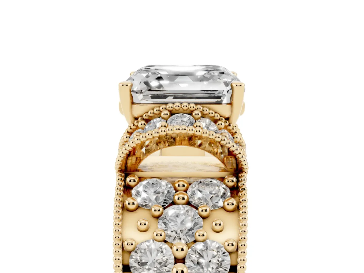 Asscher Cut Halo Pave Diamond Engagement Ring with Milgrain Detailing Yellow gold