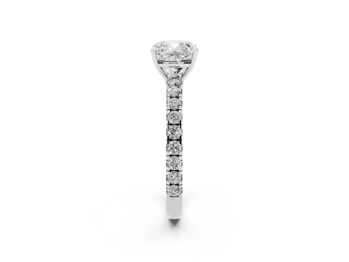 Cushion Cut Diamond Pavé Solitaire Engagement Ring with Four-Prong Setting Platinum