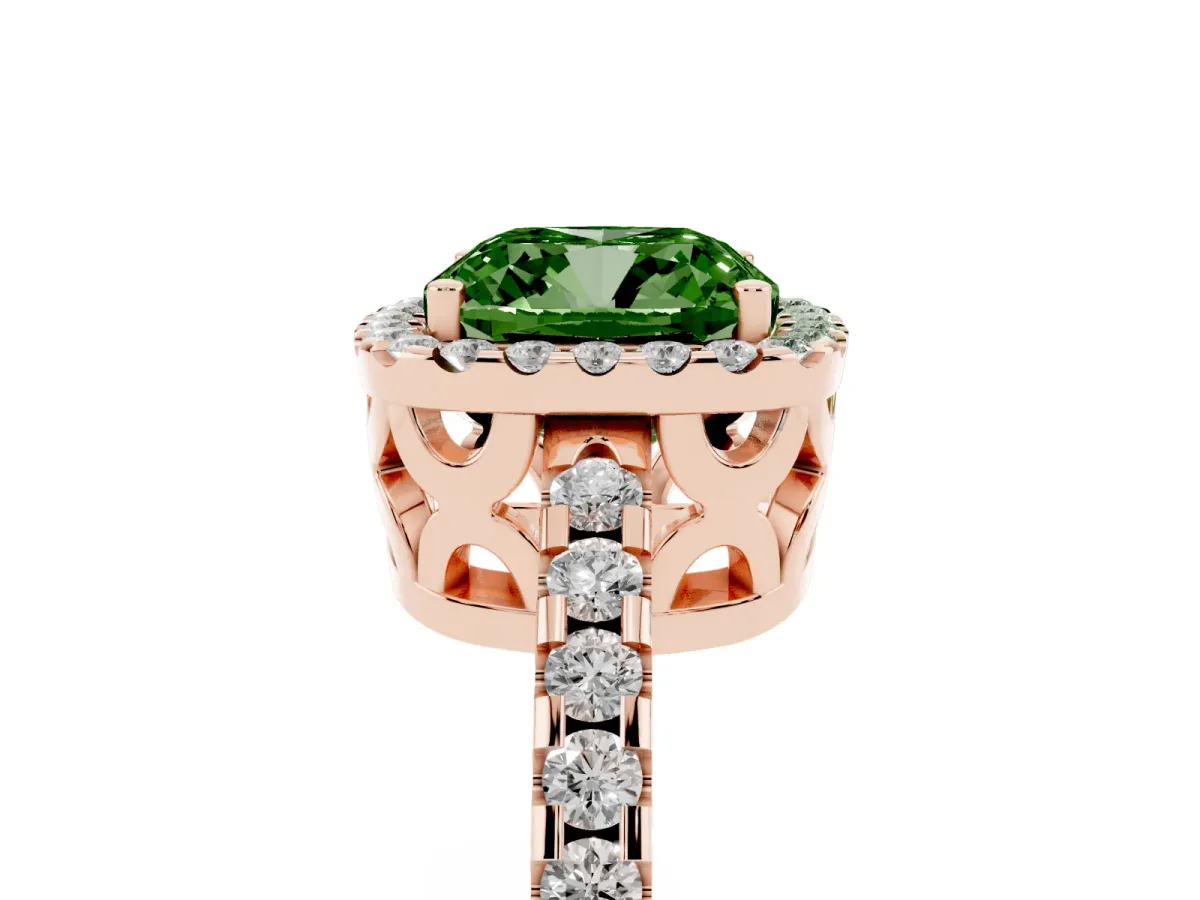 Fancy Green Cushion Cut Diamond Halo Engagement Ring with Pavé Band and Prong Setting Rose gold