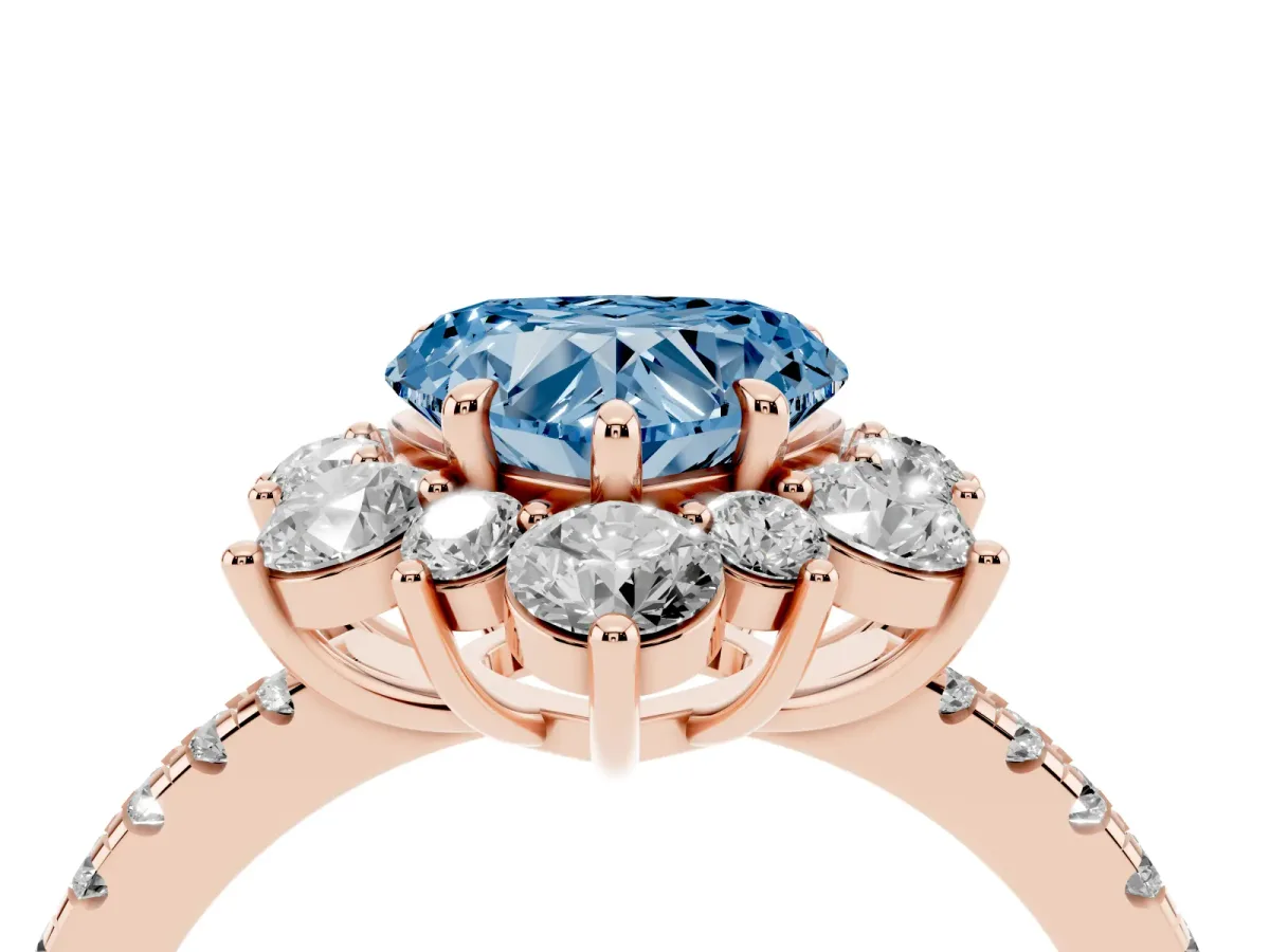 Fancy Blue Heart Cut Diamond Floral Halo Ring with Round Pavé Band and Prong Setting Rose gold