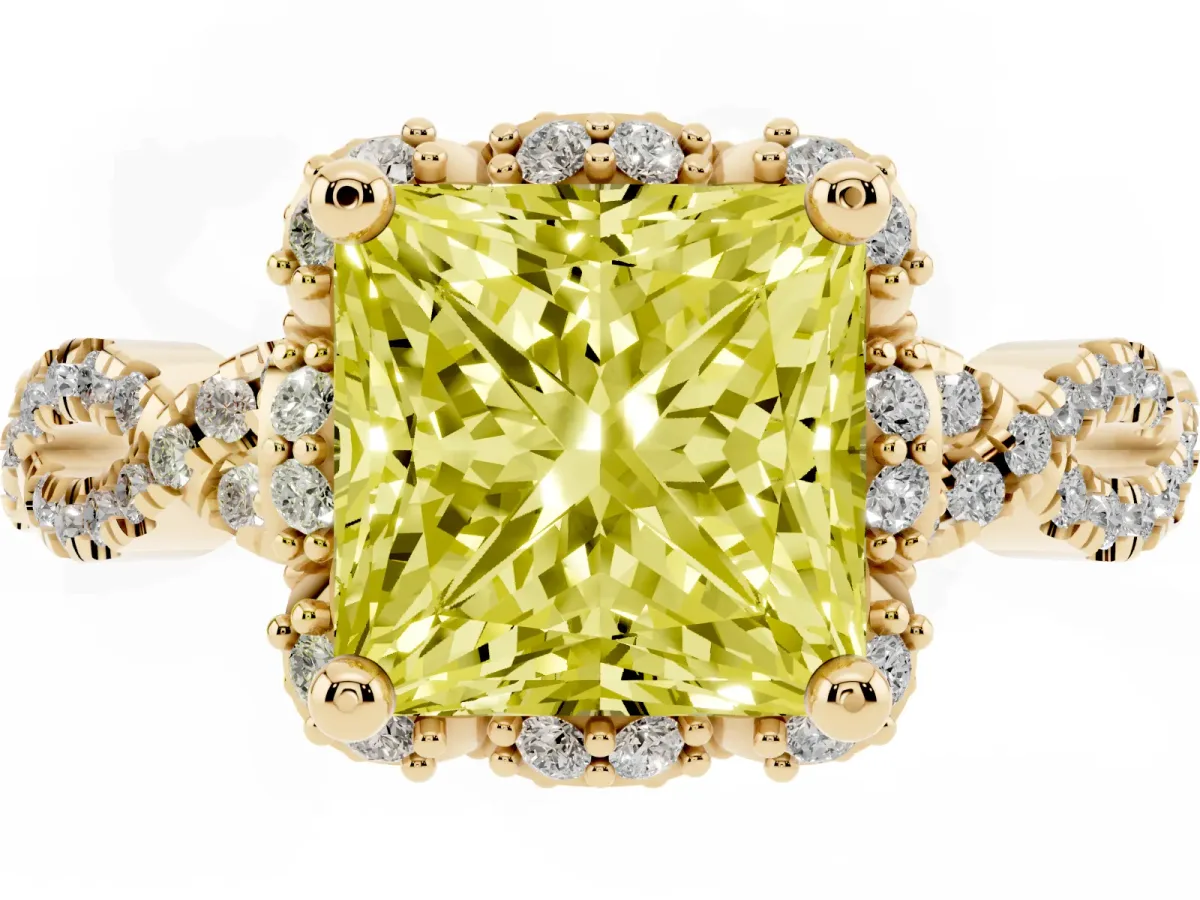 Fancy Yellow Princess Cut Halo Twist Band Solitaire Ring with Six-Prong Setting Yellow gold