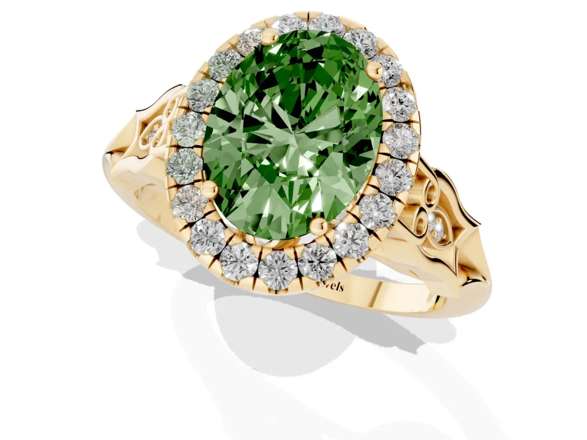 Fancy Green Oval Cut Halo Diamond Engagement Ring with Filigree Band and Four-Prong Setting Yellow gold