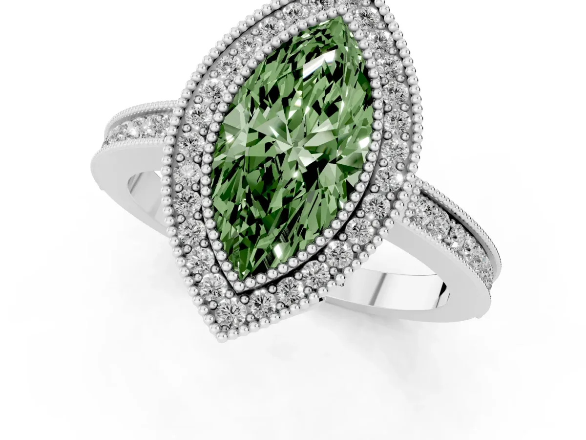 Fancy Green Marquise Cut Cut Halo Diamond Ring with Pavé Band and Milgrain Prong Setting White gold