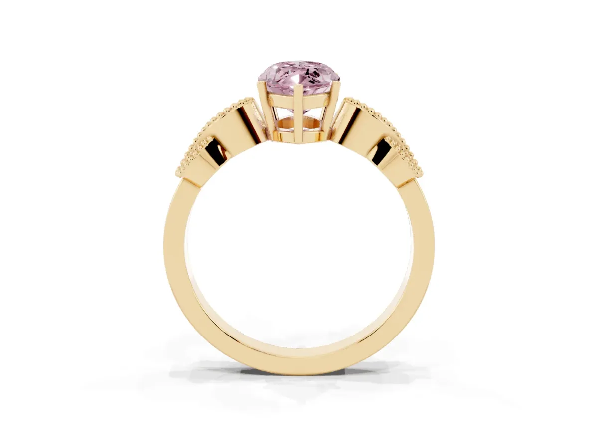 Fancy Pink Marquise Cut Solitaire Milgrain Leaf Band with Prong Setting Yellow gold
