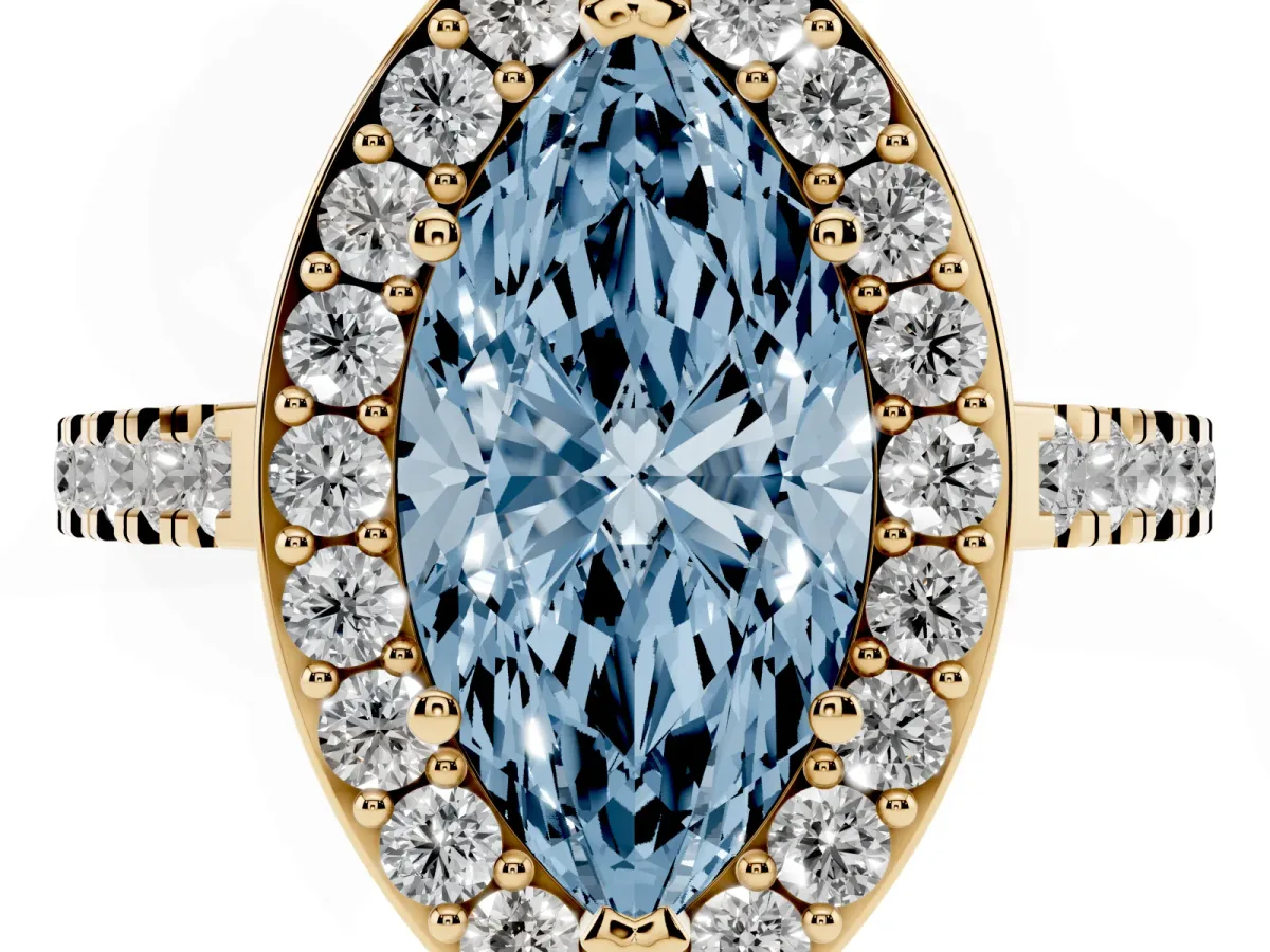 Fancy Blue Marquise Cut Diamond Halo Ring with Round Pavé Split Shank and Prong Setting Yellow gold