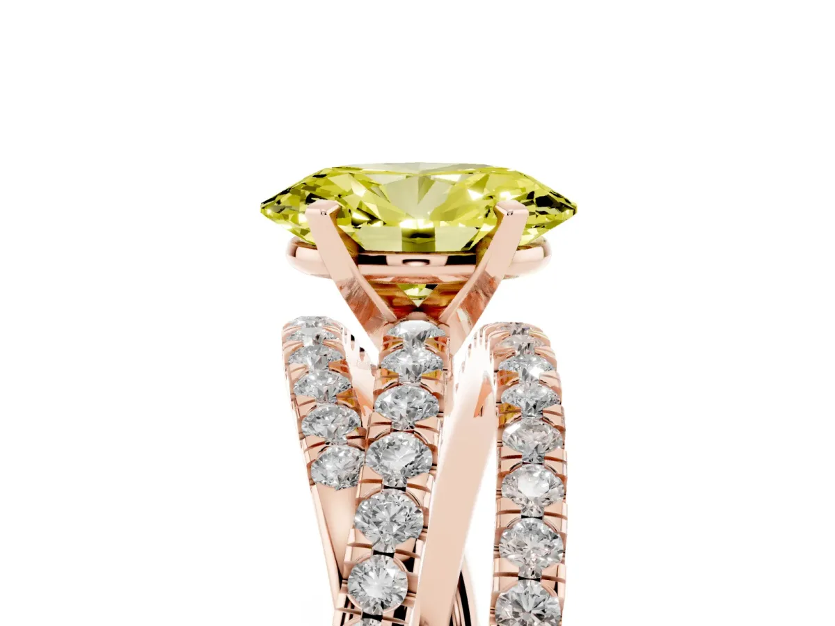 Fancy Yellow Oval Cut Solitaire Twist Band with Pavé Setting and Four-Prong Setting Rose gold