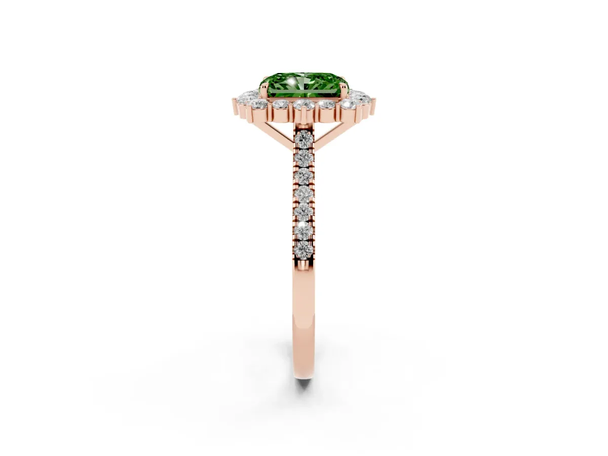 Fancy Green Radiant Cut Halo Diamond Ring with Pavé Band and Prong Setting Rose gold