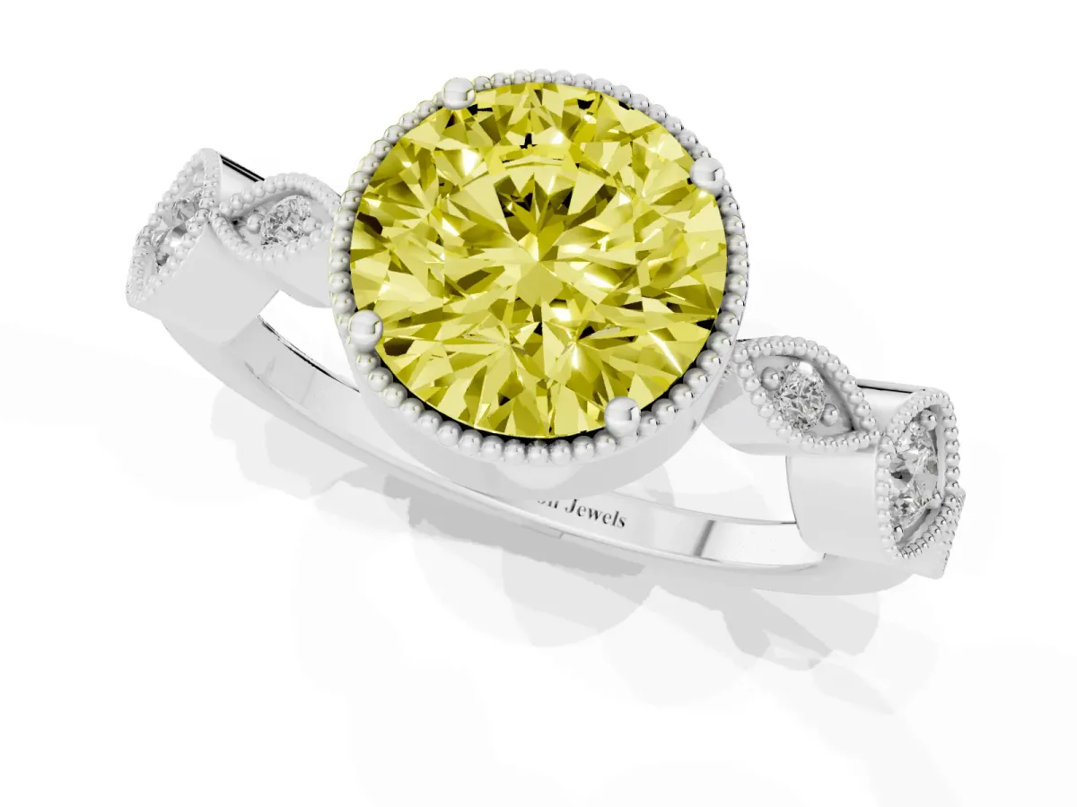 Fancy Yellow Round Cut Diamond Vintage Milgrain Ring with Round Stations Platinum