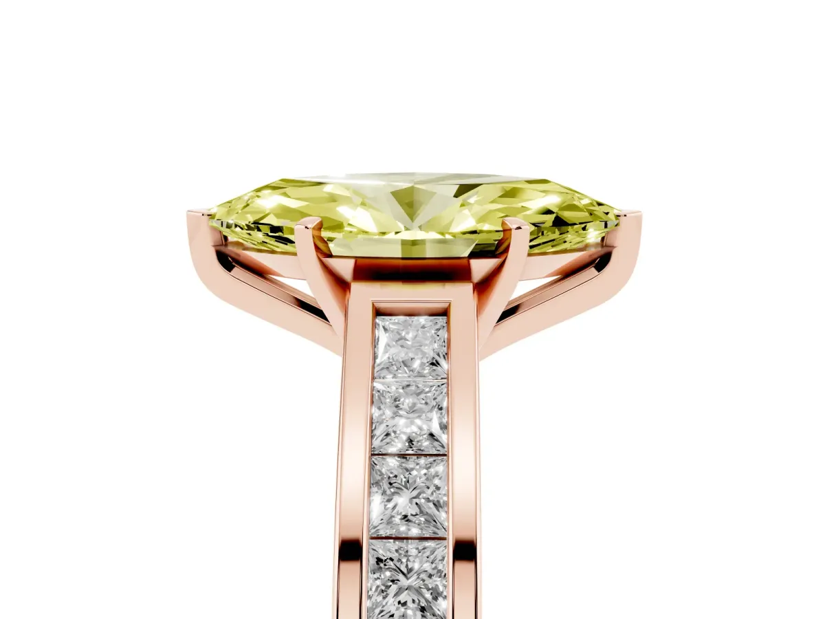 Fancy Yellow Marquise Cut Solitaire Diamond Ring with Channel-Set Band and Four-Prong Setting Rose gold