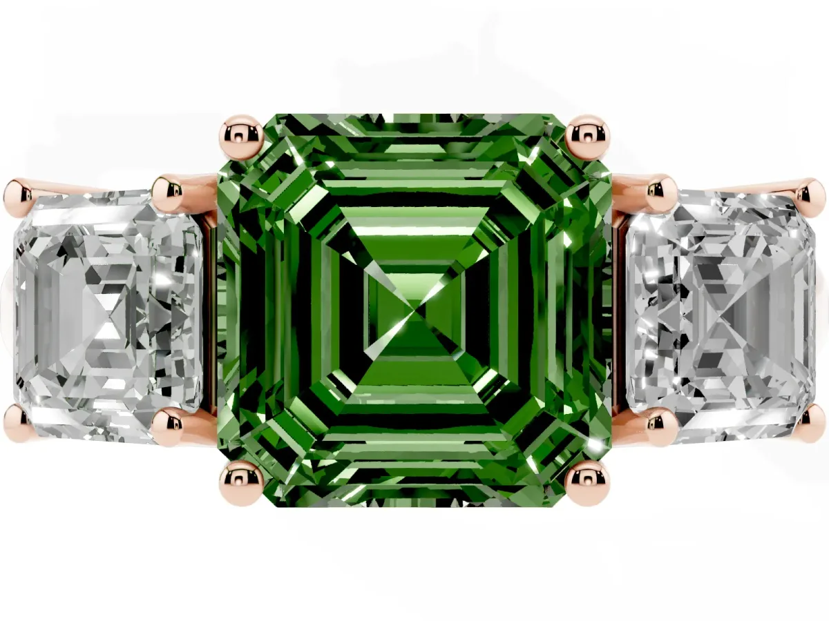 Fancy Green Three-Stone Asscher Cut Diamond Engagement Ring with Prong Setting Rose gold
