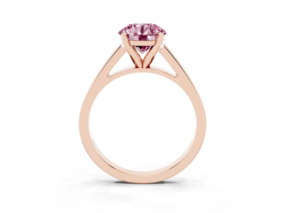 Fancy Pink Round Cut Solitaire Engagement Ring with Four-Prong Setting and Tapered Band Rose gold