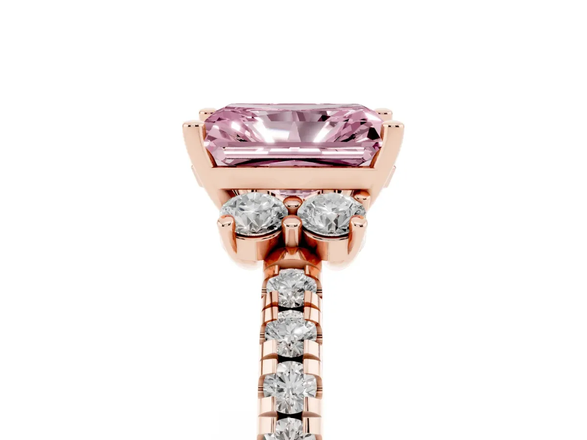 Fancy Pink Radiant Cut Diamond Three-Stone Pave Band with Four-Prong Setting Rose gold