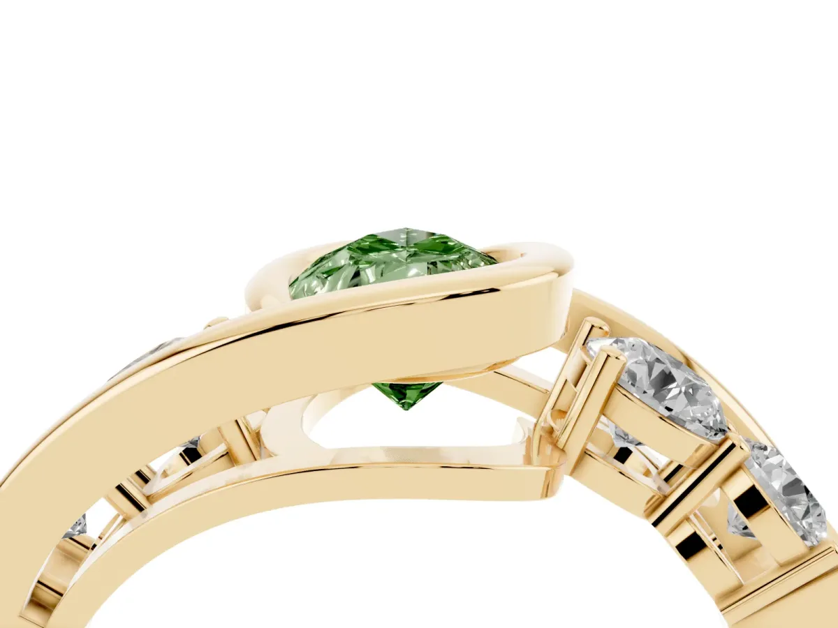 Fancy Green Bezel Set Pear Cut Diamond Bypass Ring with Round Accents Yellow gold