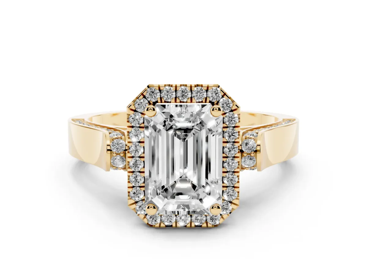 Emerald Cut Halo Round Diamond Twist Band with Four-Prong Setting Yellow gold