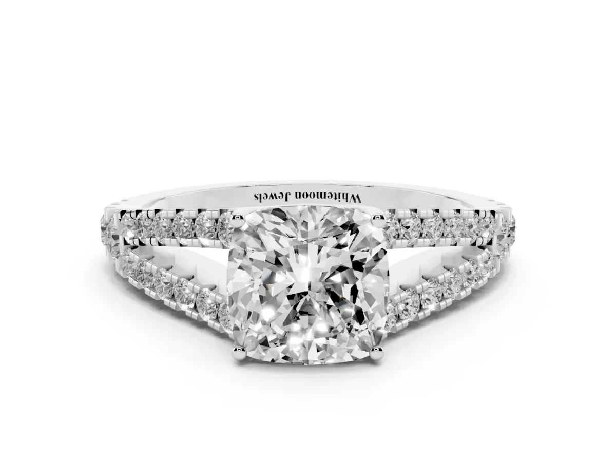 Cushion Cut Diamond Split Shank Engagement Ring with Round Pavé and Prong Setting Silver