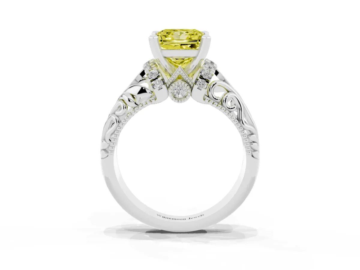Fancy Yellow Princess Cut Solitaire Filigree Engagement Ring with Halo and Prong Setting White gold