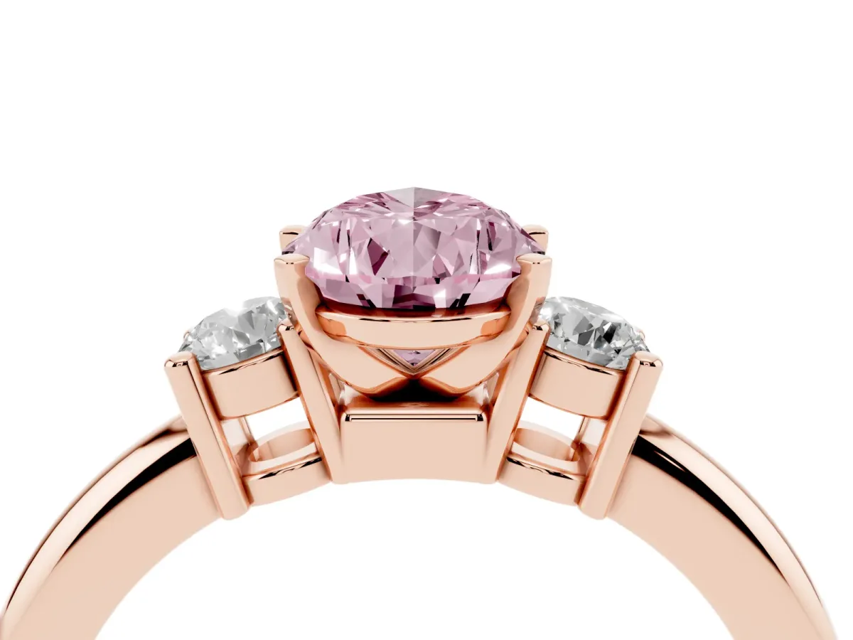 Fancy Pink Three-Stone Pear Cut Cut Diamond Solitaire with Prong Setting and Classic Band Rose gold