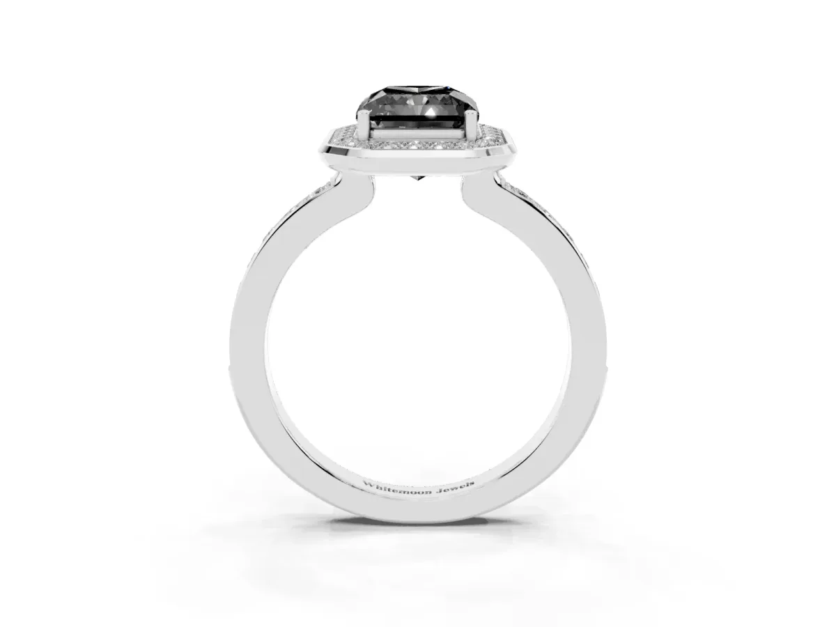 Fancy Black Radiant Cut Diamond Halo Ring with Bezel Frame and Pavé Band Silver