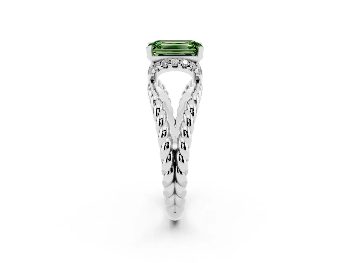 Fancy Green Emerald Cut Halo Twisted Band Four-Prong Ring Silver