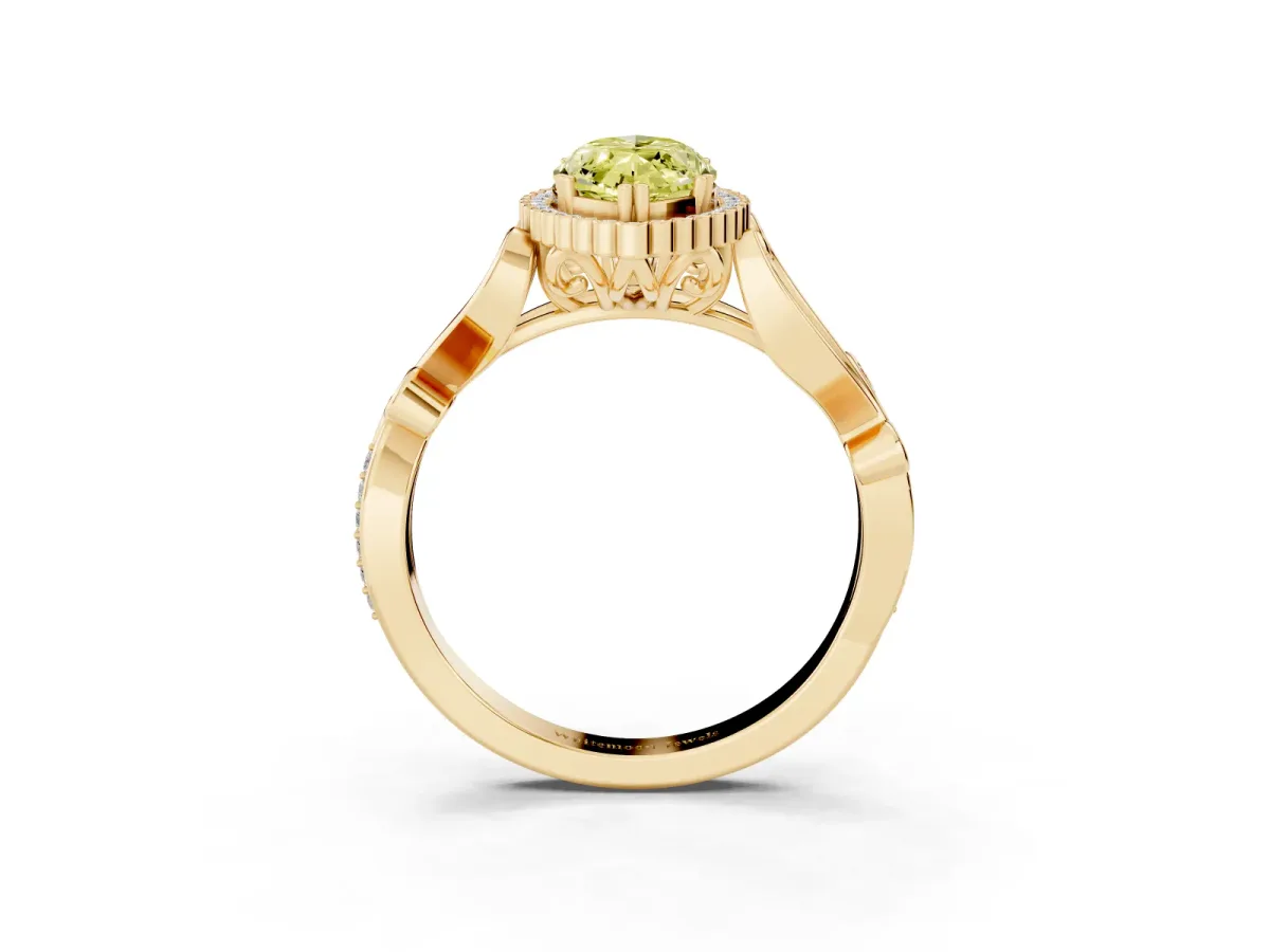 Fancy Yellow Marquise Cut Diamond Halo Ring with Vintage Split Shank and Four-Prong Setting Yellow gold
